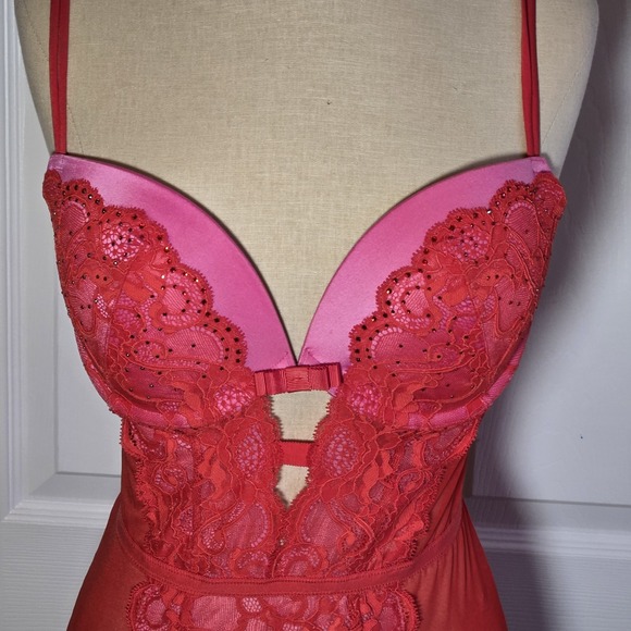 Victoria's Secret Red And Pink Lace Mesh Garter Corset Bustier Size 36D Lingerie - Picture 4 of 8